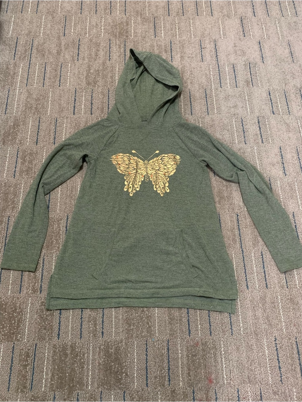 Falls Creek Girls Green Butterfly Hoodie Size S 6/6X Gold Foil Graphic Pullover